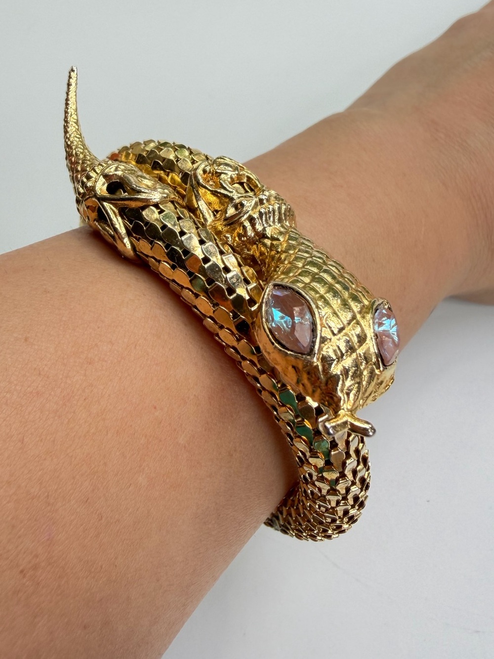 Foiled Sappharine Eyes Vintage Mid-Century gold snake bracelet